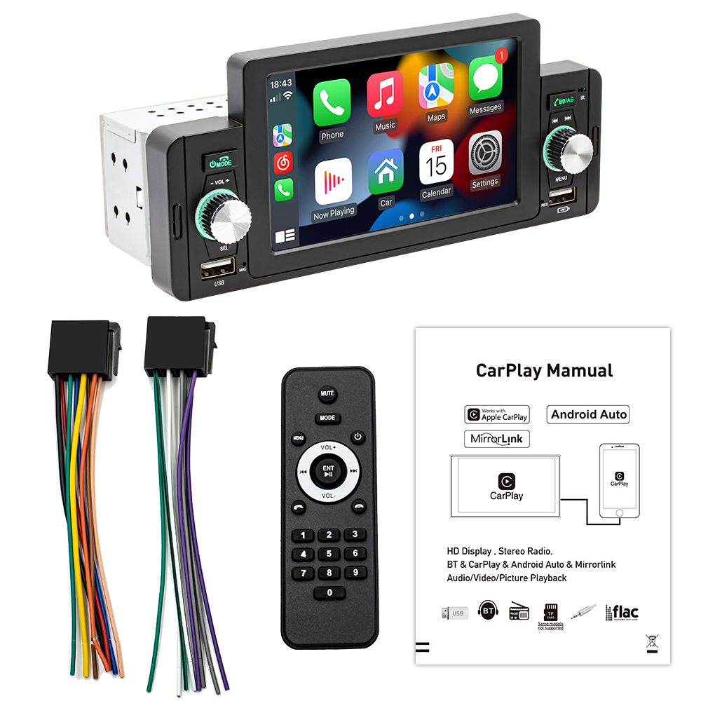 New 5" HD Screen 1Din Car Mp5 Player Android Auto + Carplay Car Stereo Radio RCA Audio FM BT 5.1 Reversing Aid Mirror Link