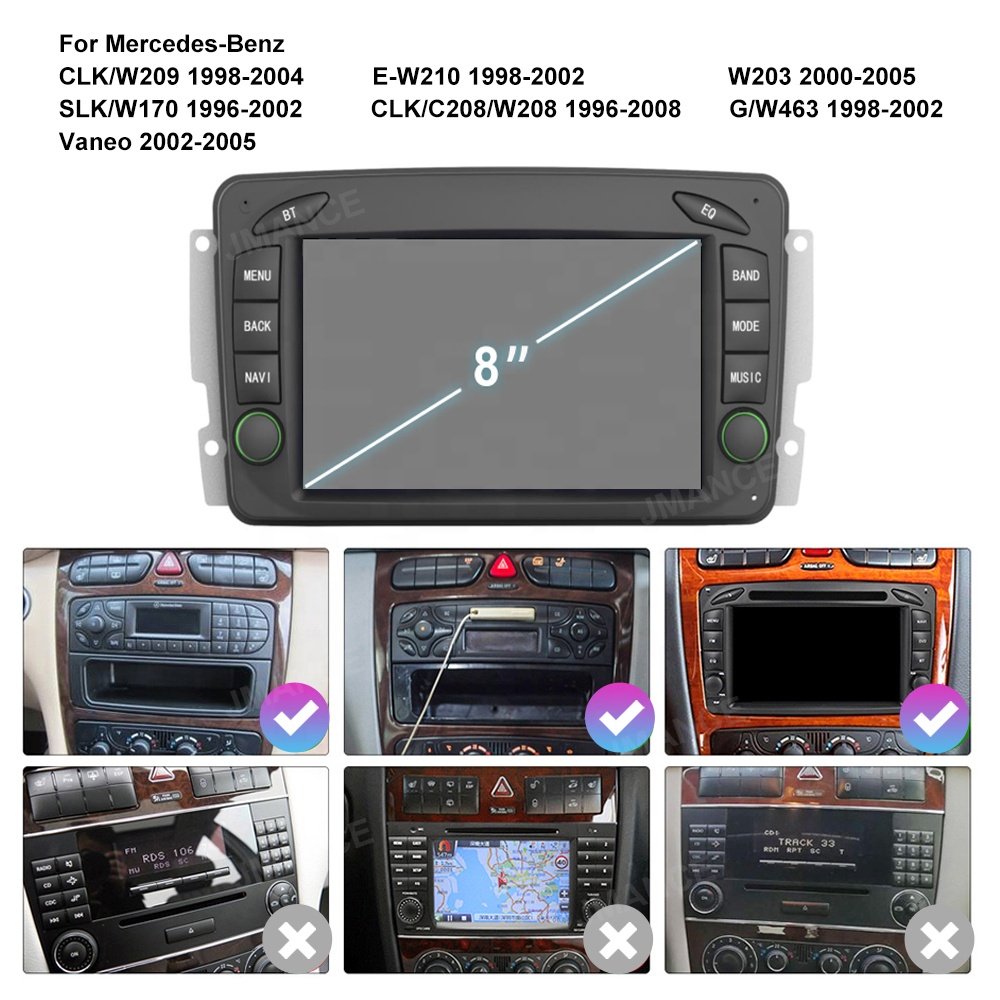 Jmance 8Inch Ips 1280*720 Screen Custom Audio Car Android Dashboard For Mercedes Benz Clk-W209 1998-2004 Frame Dvd Player