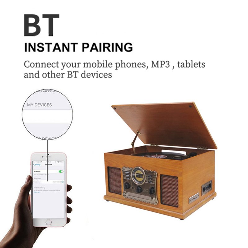 Nostalgic 6-in-1 Bluetooth Record Player Multimedia Center Built-in Speakers 3-Speed Turntable CD Cassette Player AM FM Radio