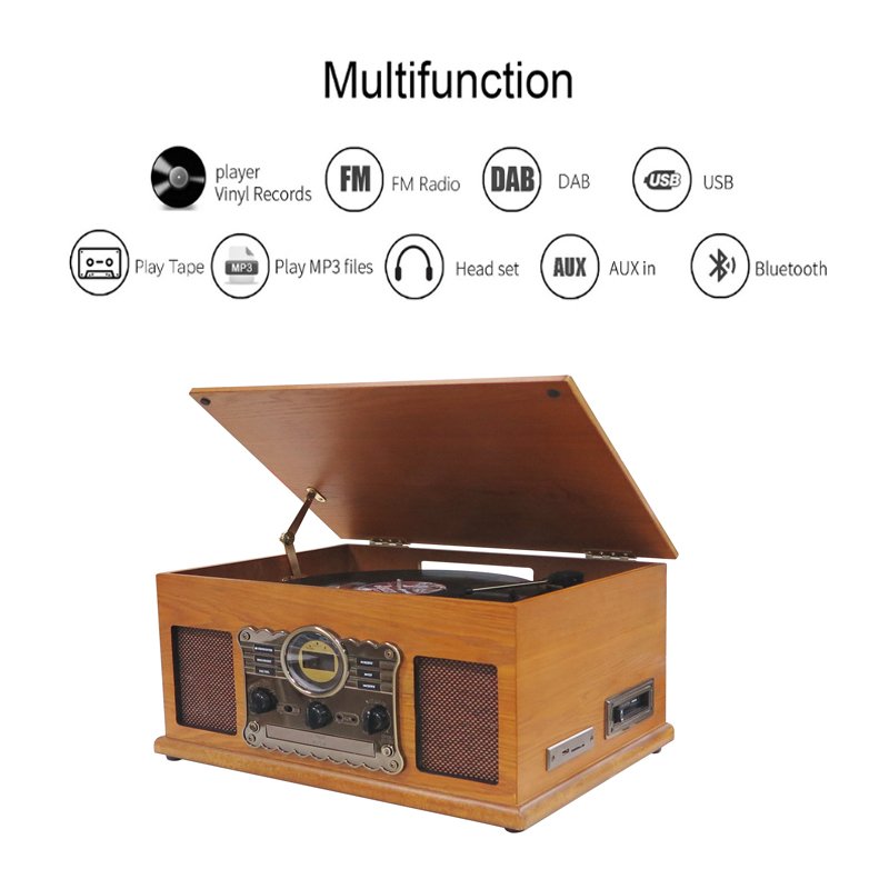 Nostalgic 6-in-1 Bluetooth Record Player Multimedia Center Built-in Speakers 3-Speed Turntable CD Cassette Player AM FM Radio