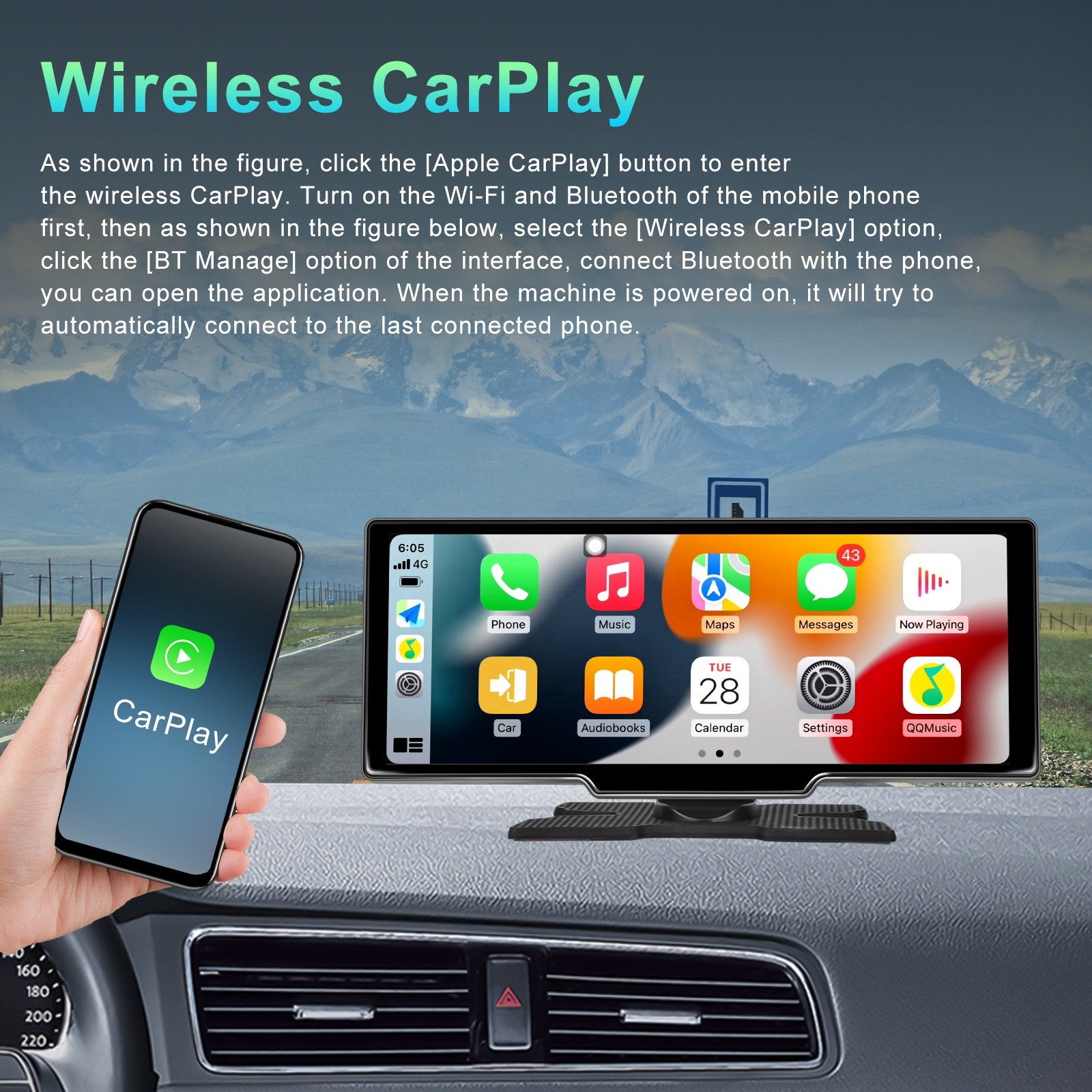 Podofo 10.26" Android 13 Autoradio Display Portable Carplay Android Auto 4+64G/2+32G GPS WIFI BT FM Radio Support 1080P Camera