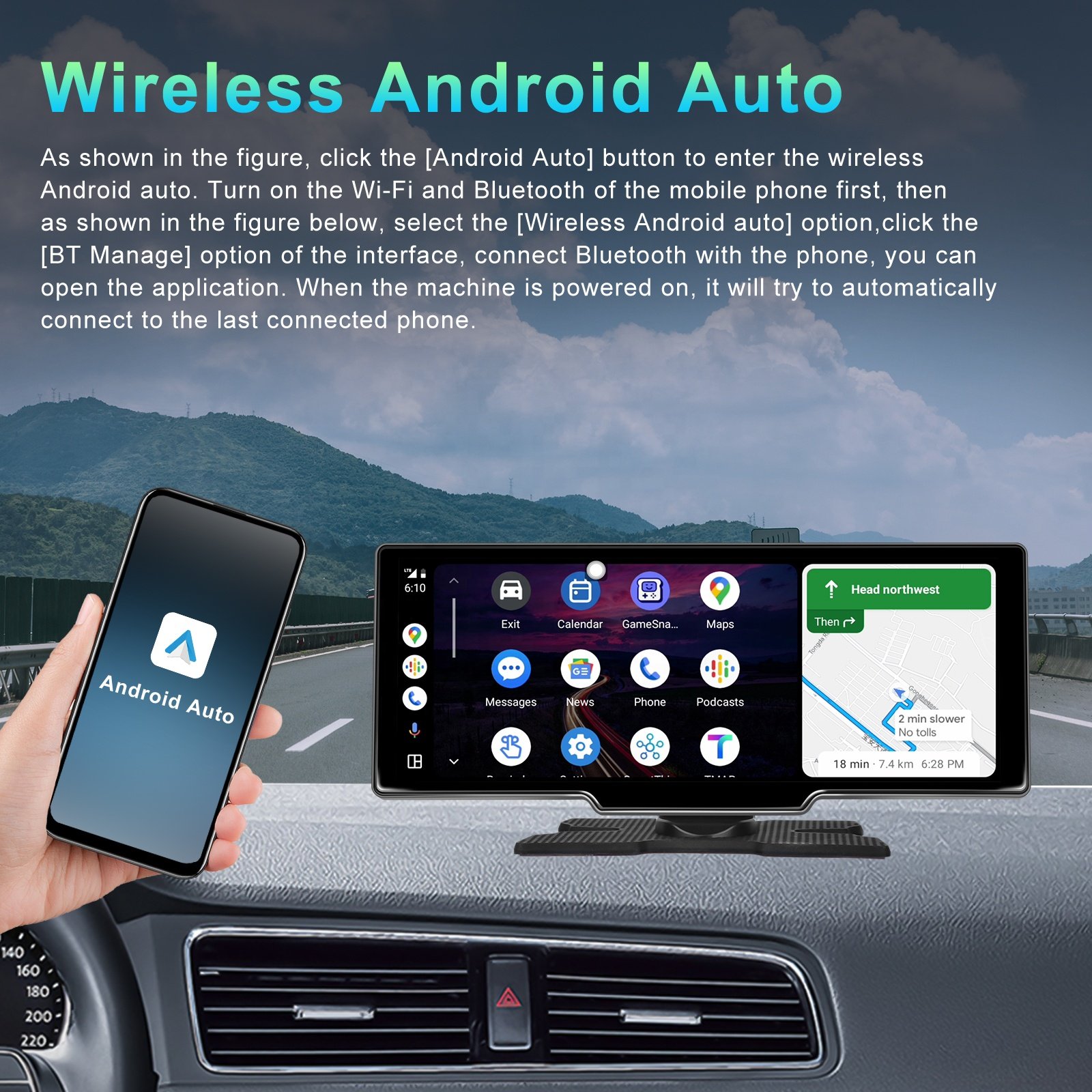 Podofo 10.26" Android 13 Autoradio Display Portable Carplay Android Auto 4+64G/2+32G GPS WIFI BT FM Radio Support 1080P Camera