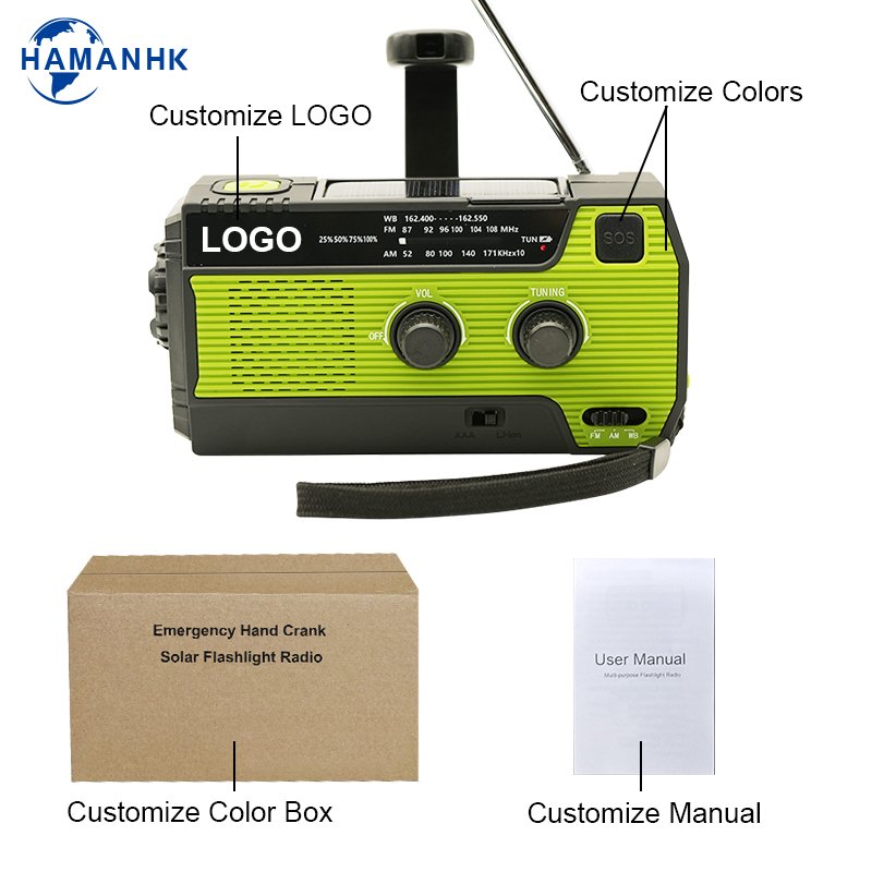 High Quality Outdoor 4000mah Portable Emergency Radio Flashlight Hand Crank Solar Charge Weather Radio