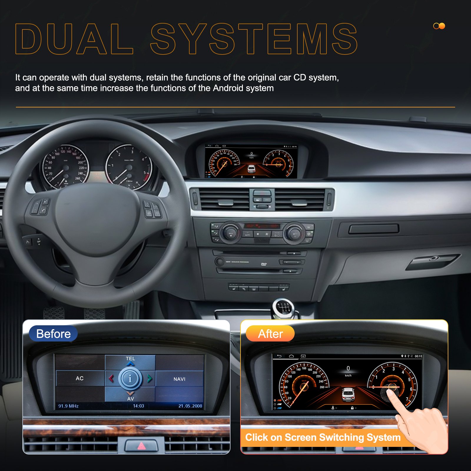 Podofo Android Car Radio 4+64GB Car Stereo Carplay Android Auto Dual Systems BT 4G WiFi GPS For BMW 3/5 Series E60 2005-2010