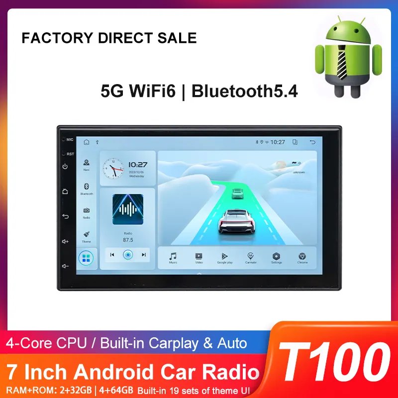 T100 Automotive Universal 7 inch 2Din Build In Android Car GPS Audio Radio 2+32G Car Stereo DVD MP5 Player Multimedia Carplay