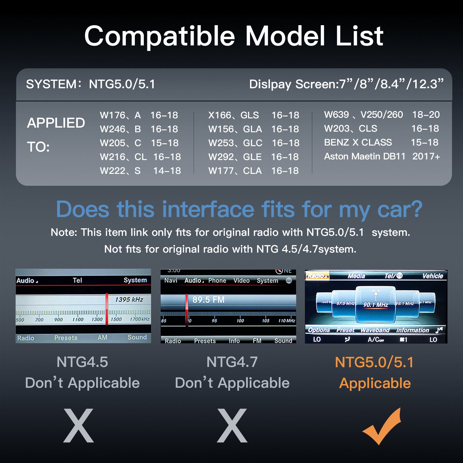 Wireless Apple CarPlay Android Auto multimedia screen radio For Mercedes Benz NTG5.0/5.1 W204 W205 W166 W212 W210 W203 class b