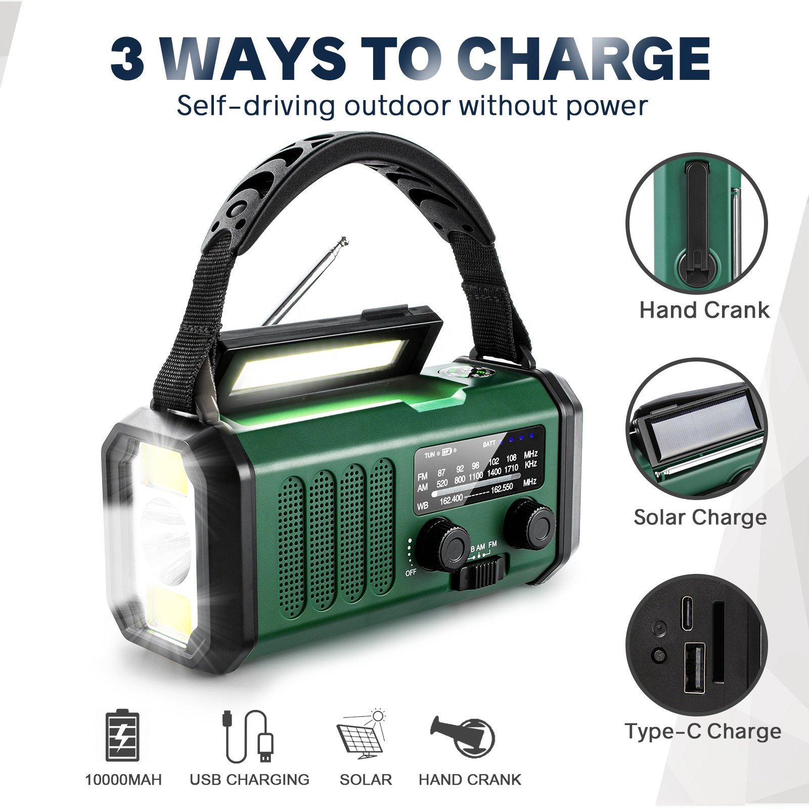 Hand Crank Solar Panel Radio AM/Fm/WB Portable Radio With SOS For Survival Outdoor Emergency 10000mah