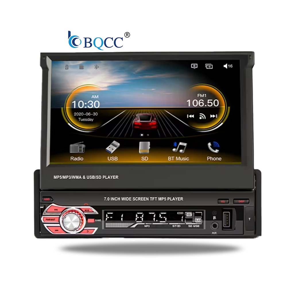 BQCC 7 Inch Retractable Screen CarPlay 1din Mirror Link FM AM RDS Car MP5 Player Phone Charging Colorfully Beakup Camera Stereo