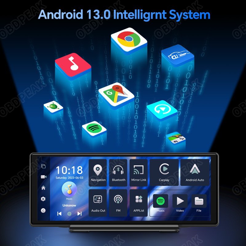 OBDPEAK 10.26" Android 13 Autoradio Display Portable Carplay Android Auto 2+32G GPS WIFI BT FM Radio Support 1080P Camera