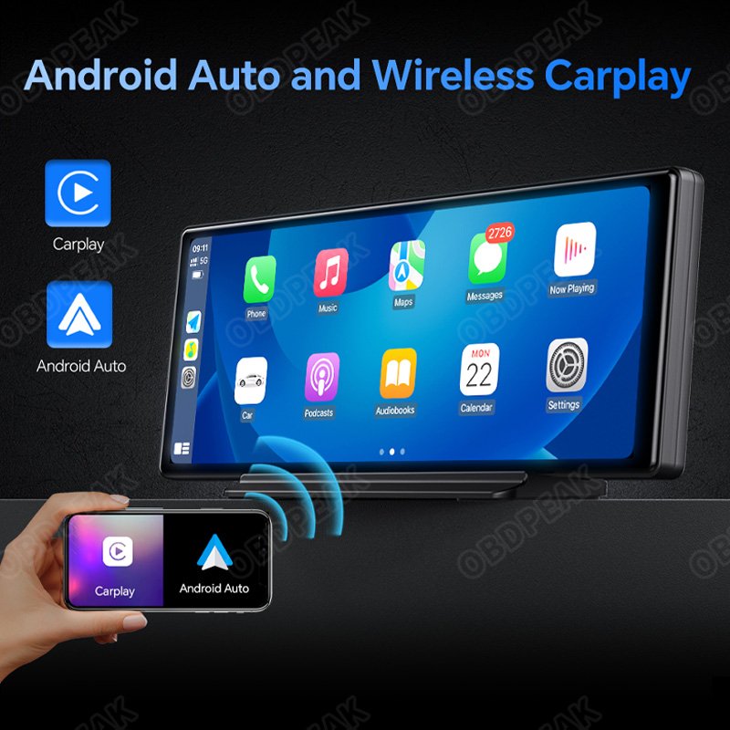 OBDPEAK 10.26" Android 13 Autoradio Display Portable Carplay Android Auto 2+32G GPS WIFI BT FM Radio Support 1080P Camera