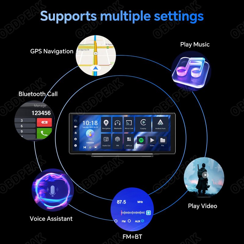 OBDPEAK 10.26" Android 13 Autoradio Display Portable Carplay Android Auto 2+32G GPS WIFI BT FM Radio Support 1080P Camera