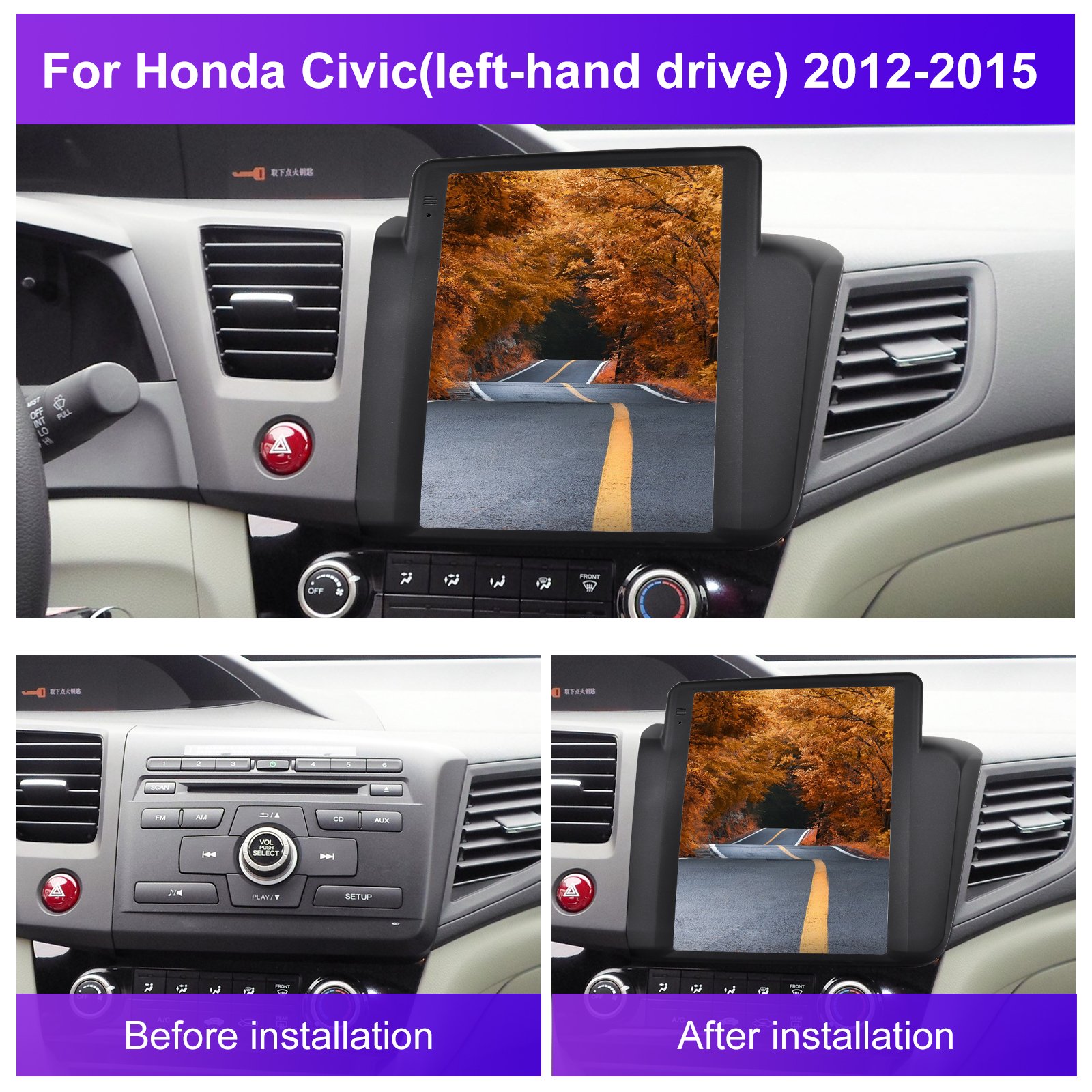 Podofo 9.7" Android Car Stereo Car Radio For Honda Civic 2012-2015 Wireless Carplay Android Auto GPS Wifi Hifi FM RDS Wholesale
