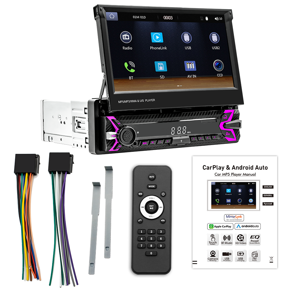 Single 1 Din Universal 7 Inch Capacitive Touch Screen Head Unit Car radio Car Mp5 Player With Carplay And Android Auto