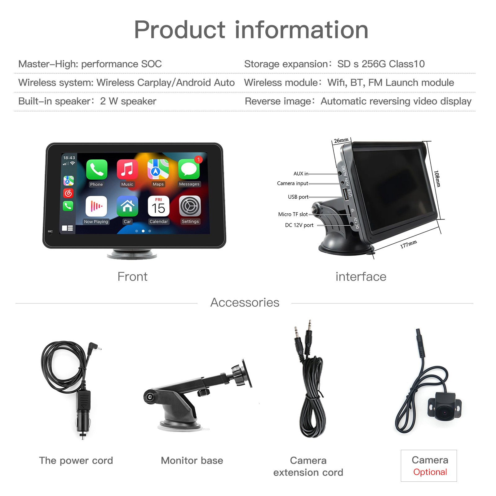 Autoabc 7 inch Wireless Carplay and android auto car touch screen display Rear Camera MP5 Radio Video Multimedia Car Player