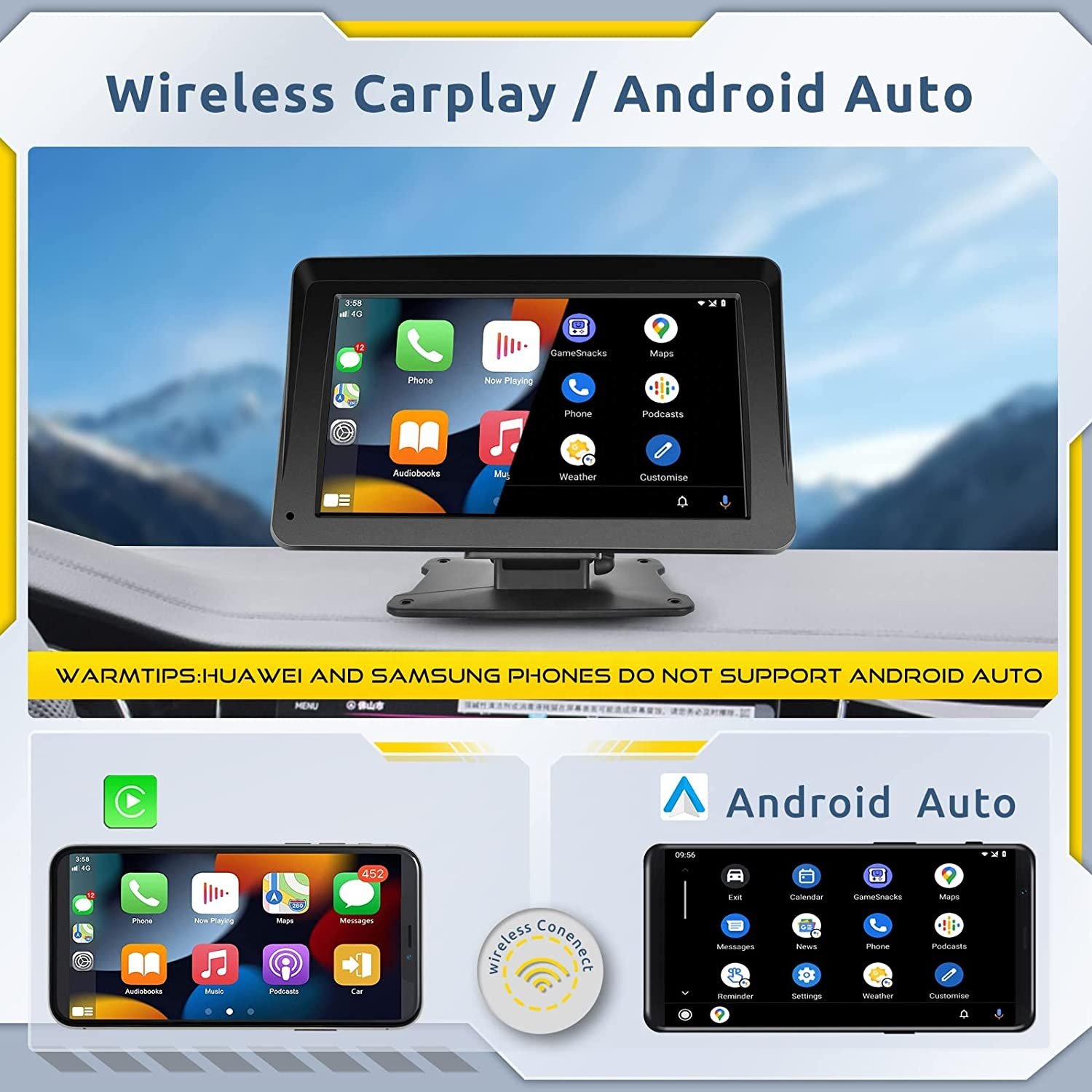 Podofo Portable Wireless Carplay Screen Airplay Android Auto Car Radio Stereo BT 7" Touchscreen Smart Monitor Auto Electronics