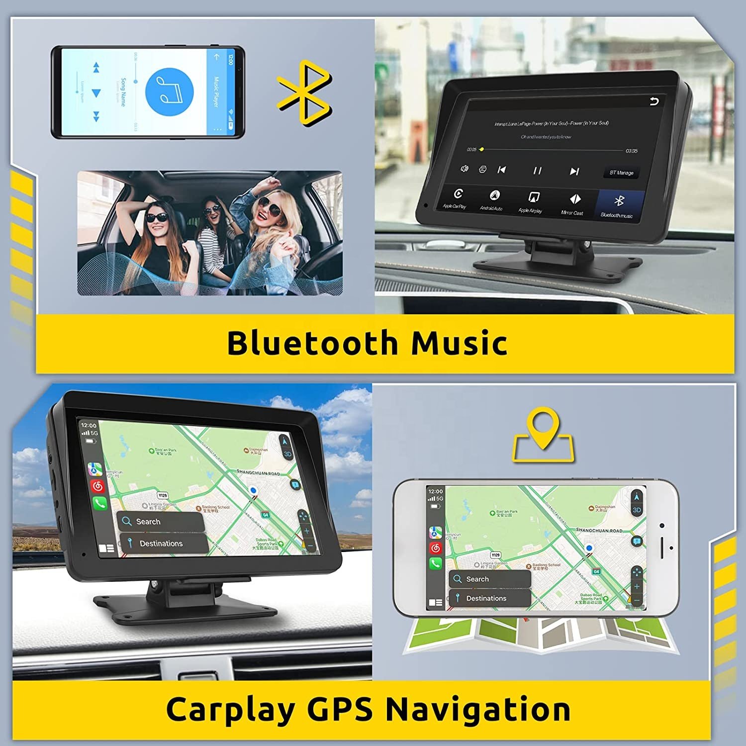 Podofo Portable Wireless Carplay Screen Airplay Android Auto Car Radio Stereo BT 7" Touchscreen Smart Monitor Auto Electronics