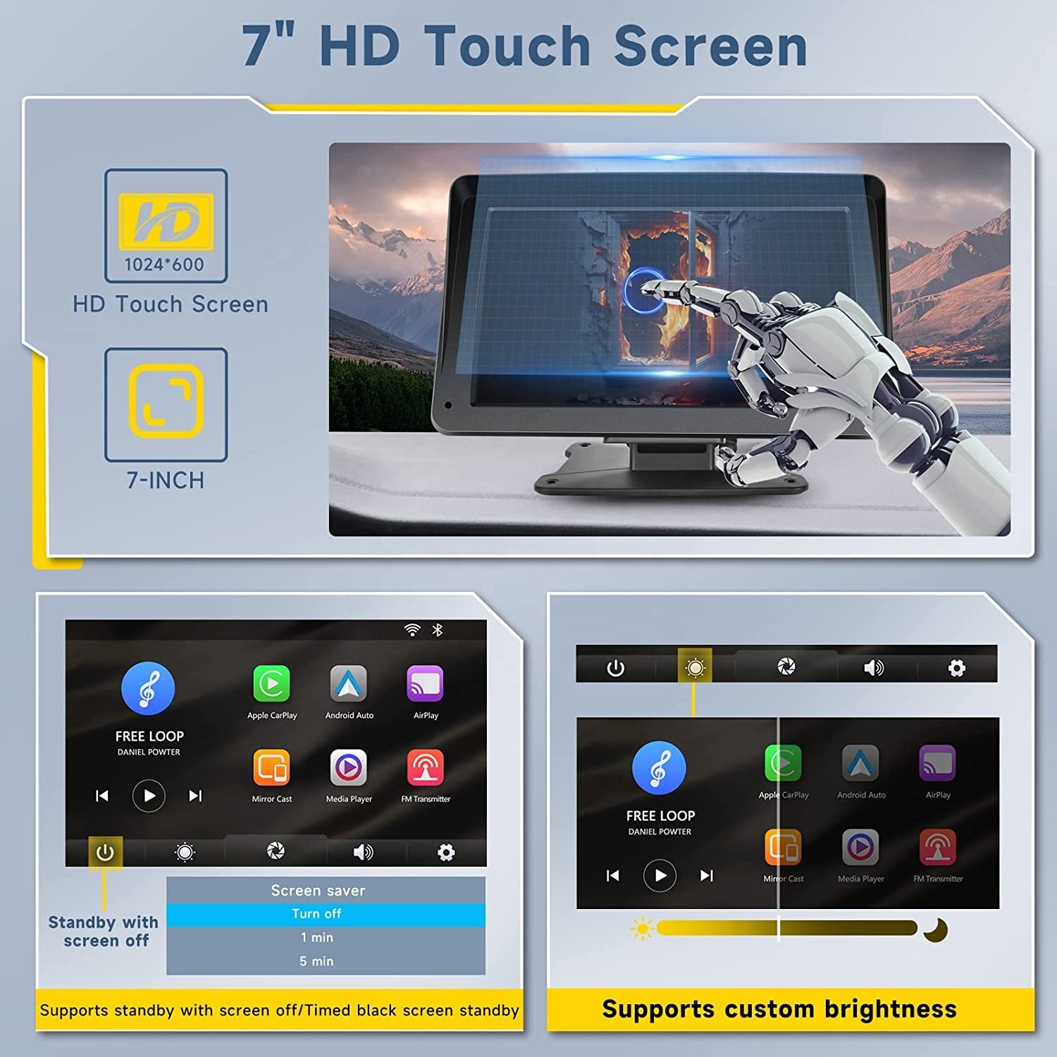 Podofo Portable Wireless Carplay Screen Airplay Android Auto Car Radio Stereo BT 7" Touchscreen Smart Monitor Auto Electronics