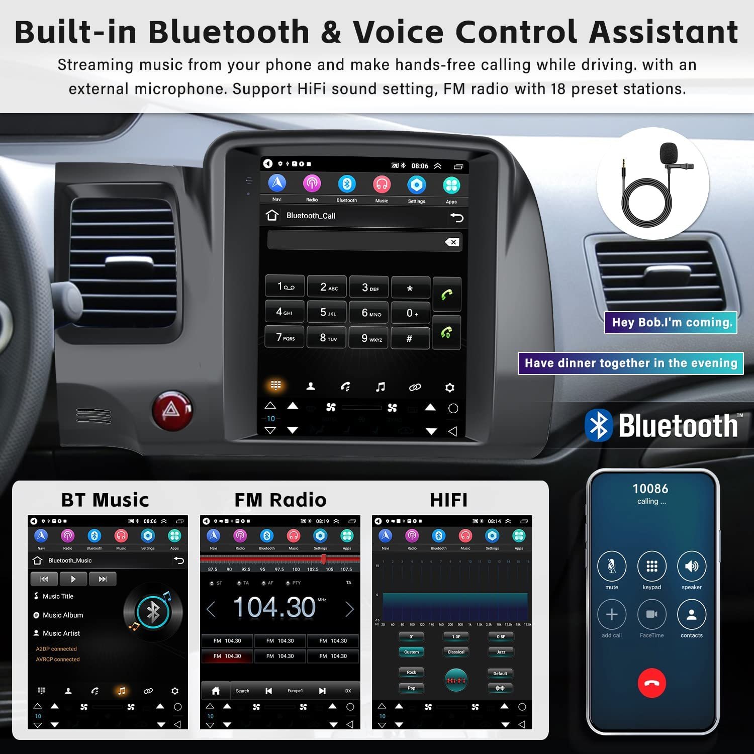 Podofo 9.7" Android Car Stereo 2+64G For Honda Civic 2004-2009 With Carplay Android Auto GPS Wifi Hifi FM RDS with AHD Camera