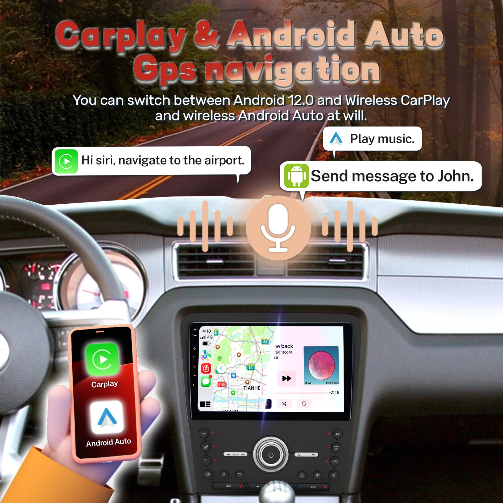 10.1 Inch Android Player Car 4+64G Car Radio Fascia Frame Kit For Ford Mustang 2010-2014