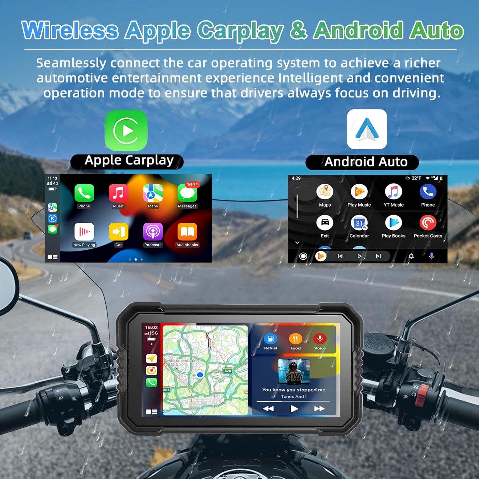Reako 6.25 Inch Car Stereo Motorcycle GPS Wireless Portable Carplay Android Auto Waterproof Car Radio