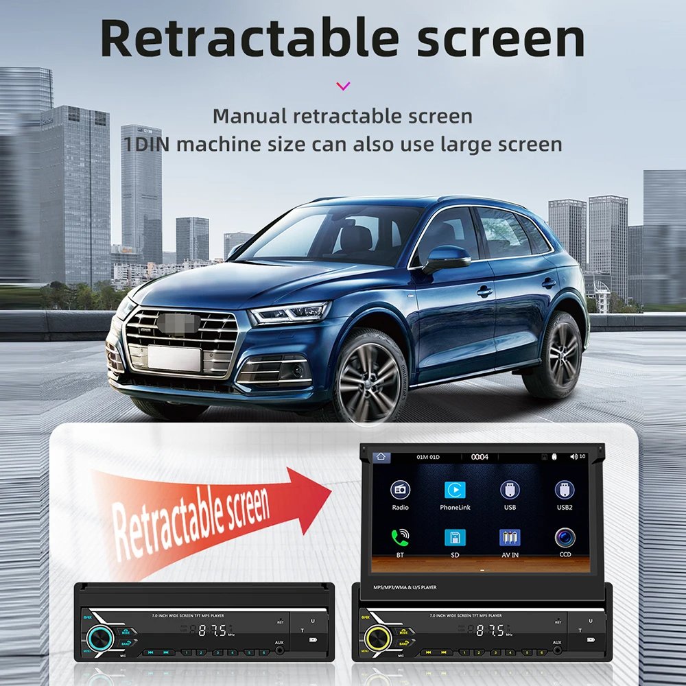 1 Din Android Car Radio 7 Inch Retractable Car DVD Player Universal Car Stereo Radio System MP5 Player With BT Wifi GPS