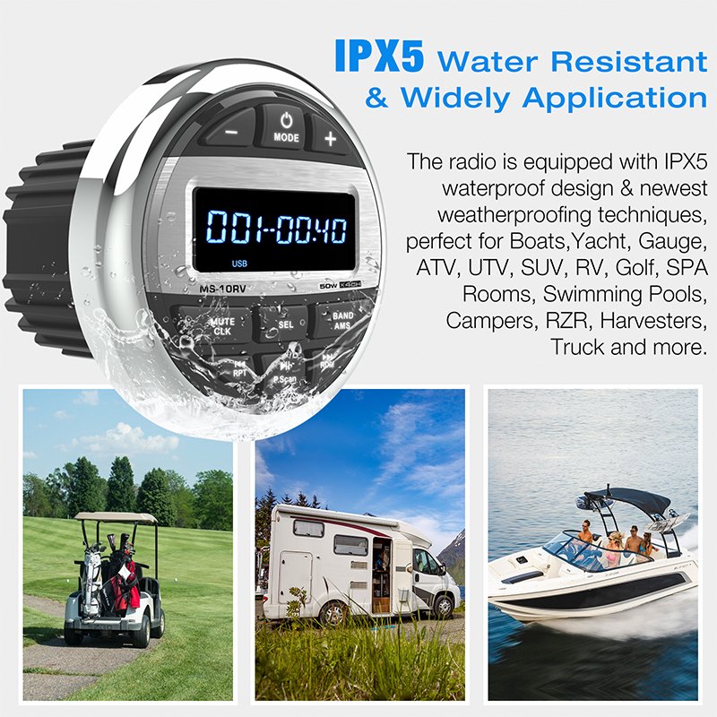 GRANDnavi Boat Radio Waterproof Marine Stereo FM AM Subwoofer BT Play Music For Marine Golf UV Radio