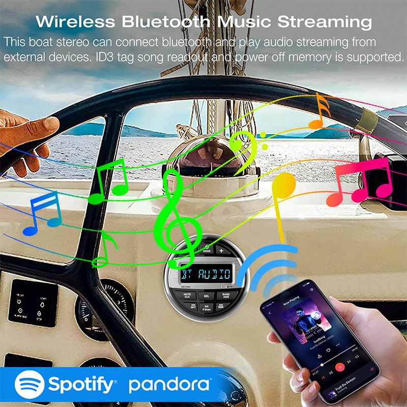 GRANDnavi Boat Radio Waterproof Marine Stereo FM AM Subwoofer BT Play Music For Marine Golf UV Radio