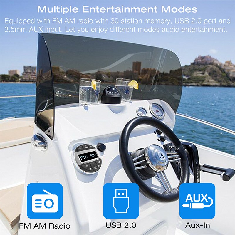 GRANDnavi Boat Radio Waterproof Marine Stereo FM AM Subwoofer BT Play Music For Marine Golf UV Radio