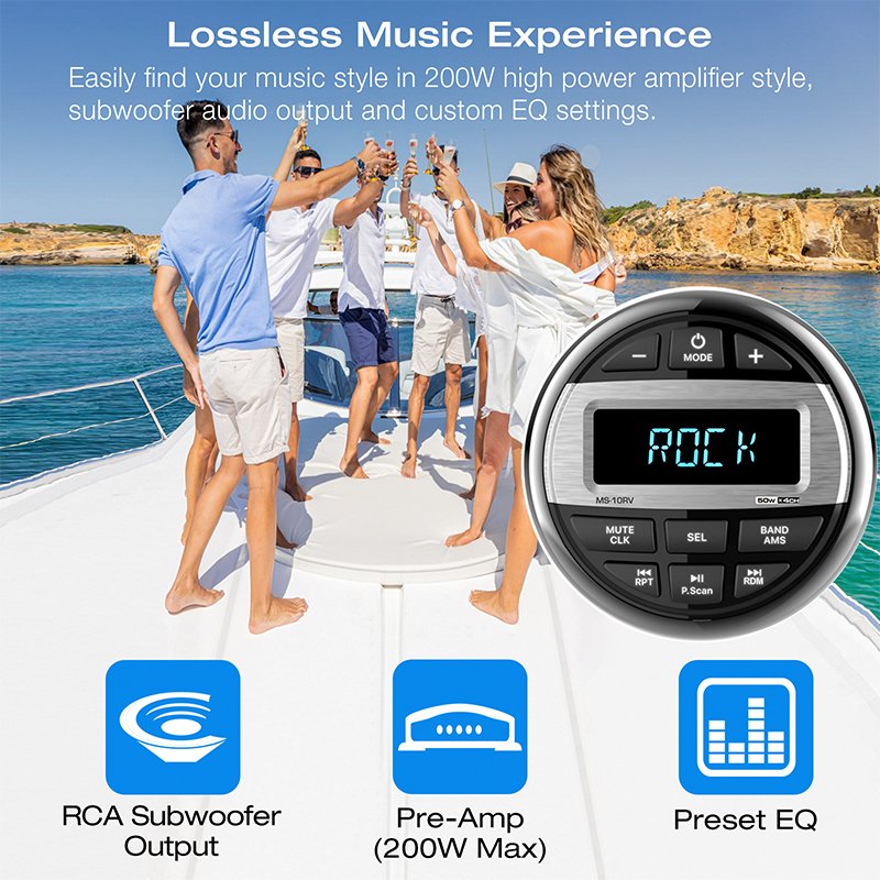 GRANDnavi Boat Radio Waterproof Marine Stereo FM AM Subwoofer BT Play Music For Marine Golf UV Radio