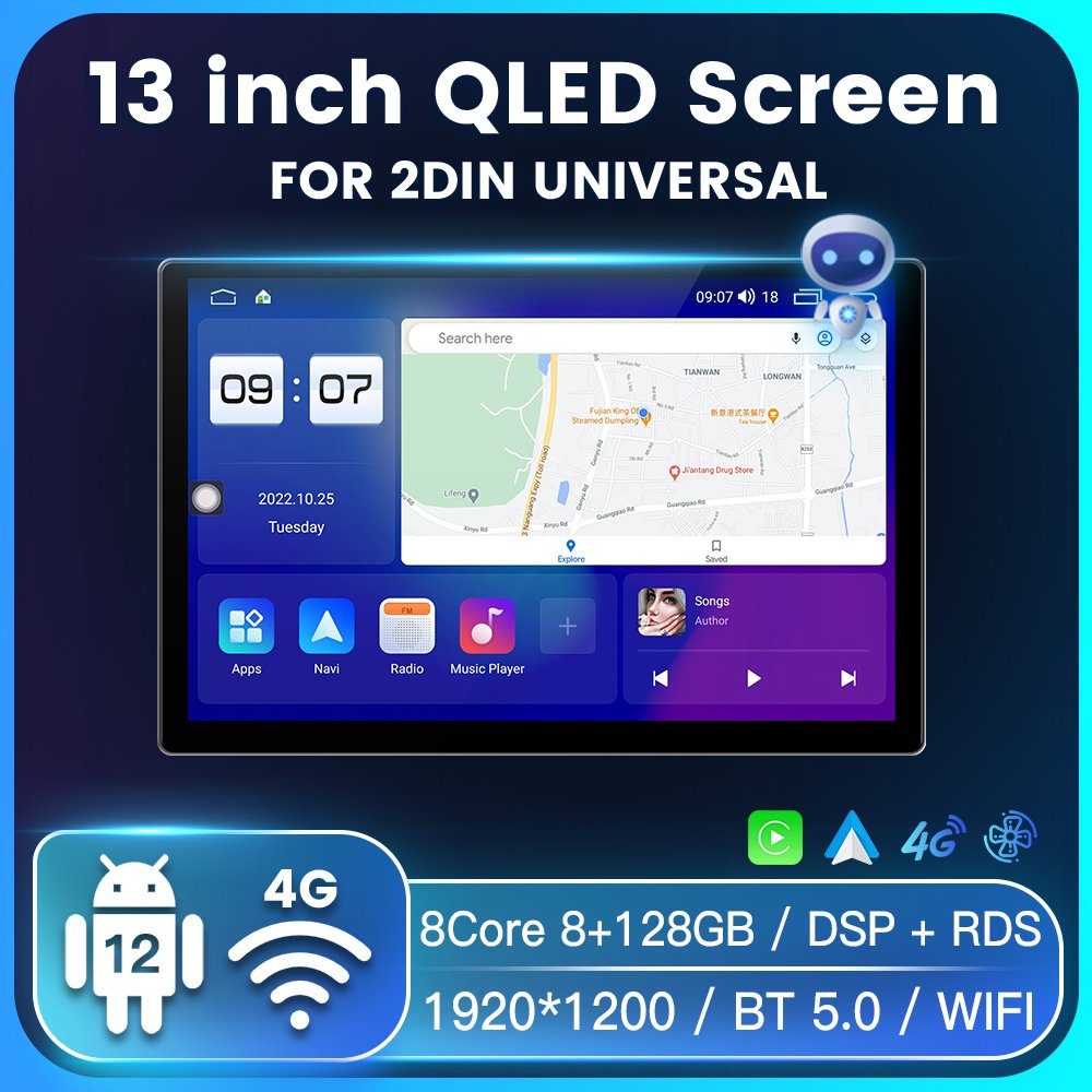 1920*1200 QLED Screen 13 inch android 12 for 2 din Universal Carplay auto Car dvd player