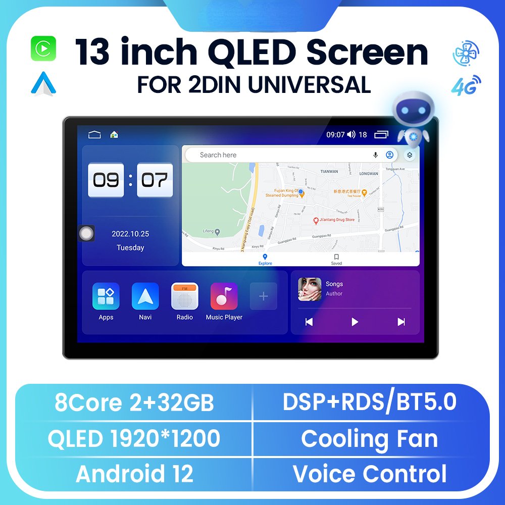 1920*1200 QLED Screen 13 inch android 12 for 2 din Universal Carplay auto Car dvd player