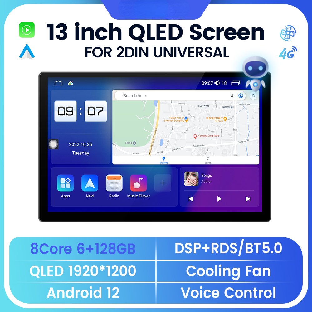 1920*1200 QLED Screen 13 inch android 12 for 2 din Universal Carplay auto Car dvd player