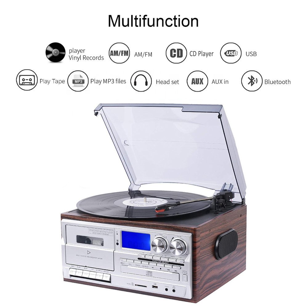 3 Speed Turntable Player Multi Function With AM FM Radio Bluetooth Cassette Record Player Vinyl Turntable Gramophone