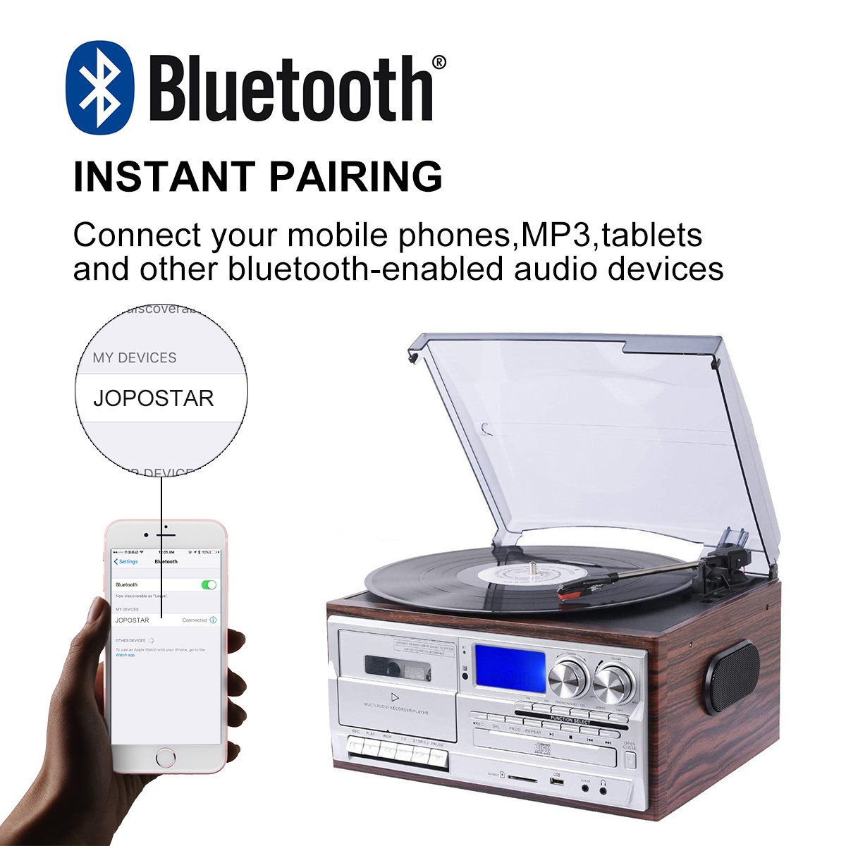 3 Speed Turntable Player Multi Function With AM FM Radio Bluetooth Cassette Record Player Vinyl Turntable Gramophone