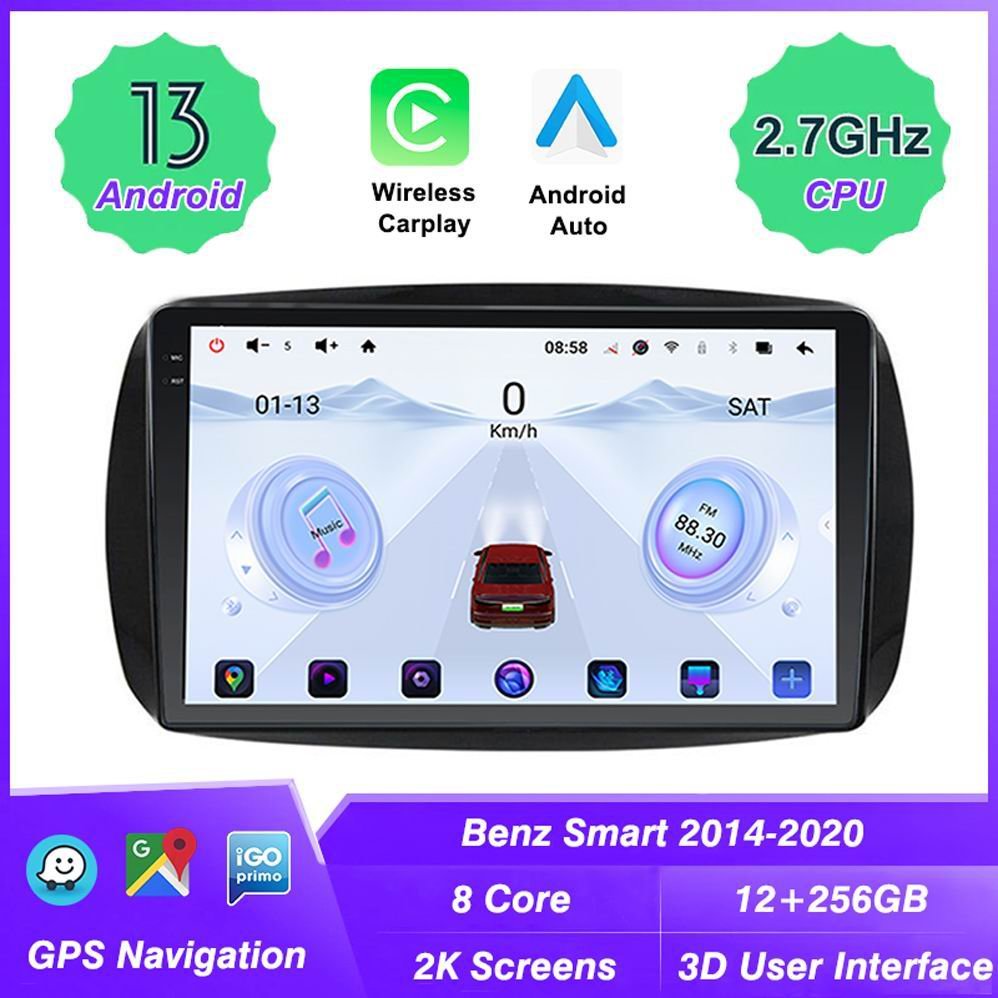 Android 2K Screen 8GB+256GB Car Stereo Multimedia For Mercedes Benz Smart 453 Fortwo 2014-2020 GPS Navigation 5G WiFi Carplay BT