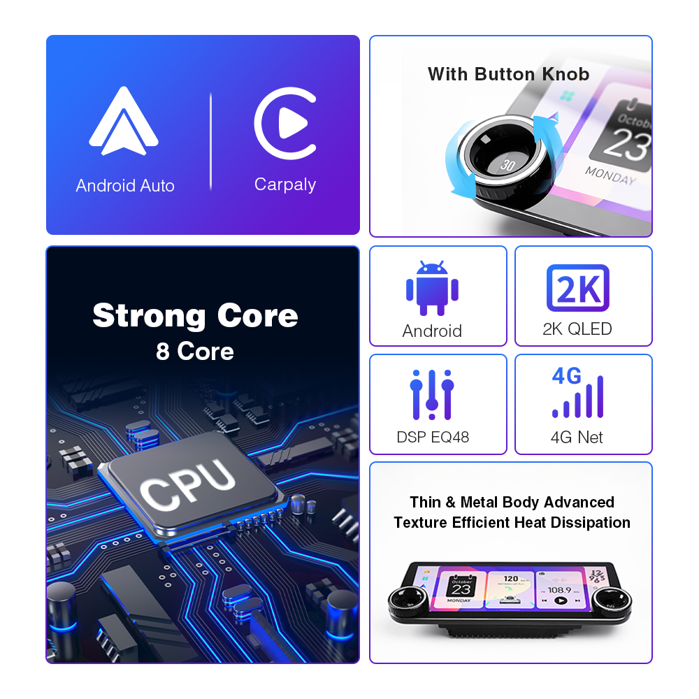 12.3inch 2 Din Universal Android Car Audio Radio Screen 8Core Car Stereo 4+64G/6+128G Carplay Android Auto 4G WIFI Player