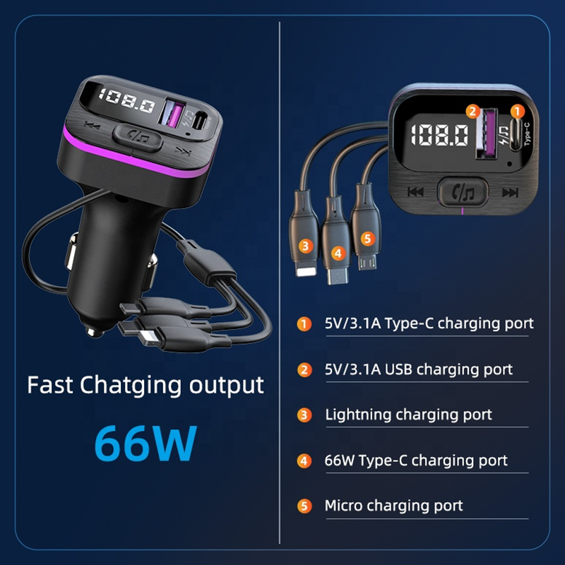 FM Transmitter Wireless Car Adapter Radio Receiver MP3 Player Handsfree Call 66W Type-C USB Car charger fast charging