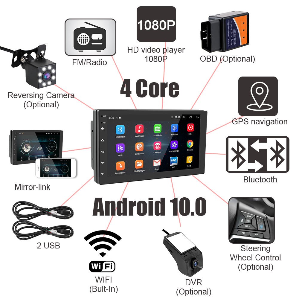 7 9 10 inch 2+32GB Universal Multimedia Stereo Touch Screen Car Audio Radio Android Carplay 2 Din Navigation GPS player