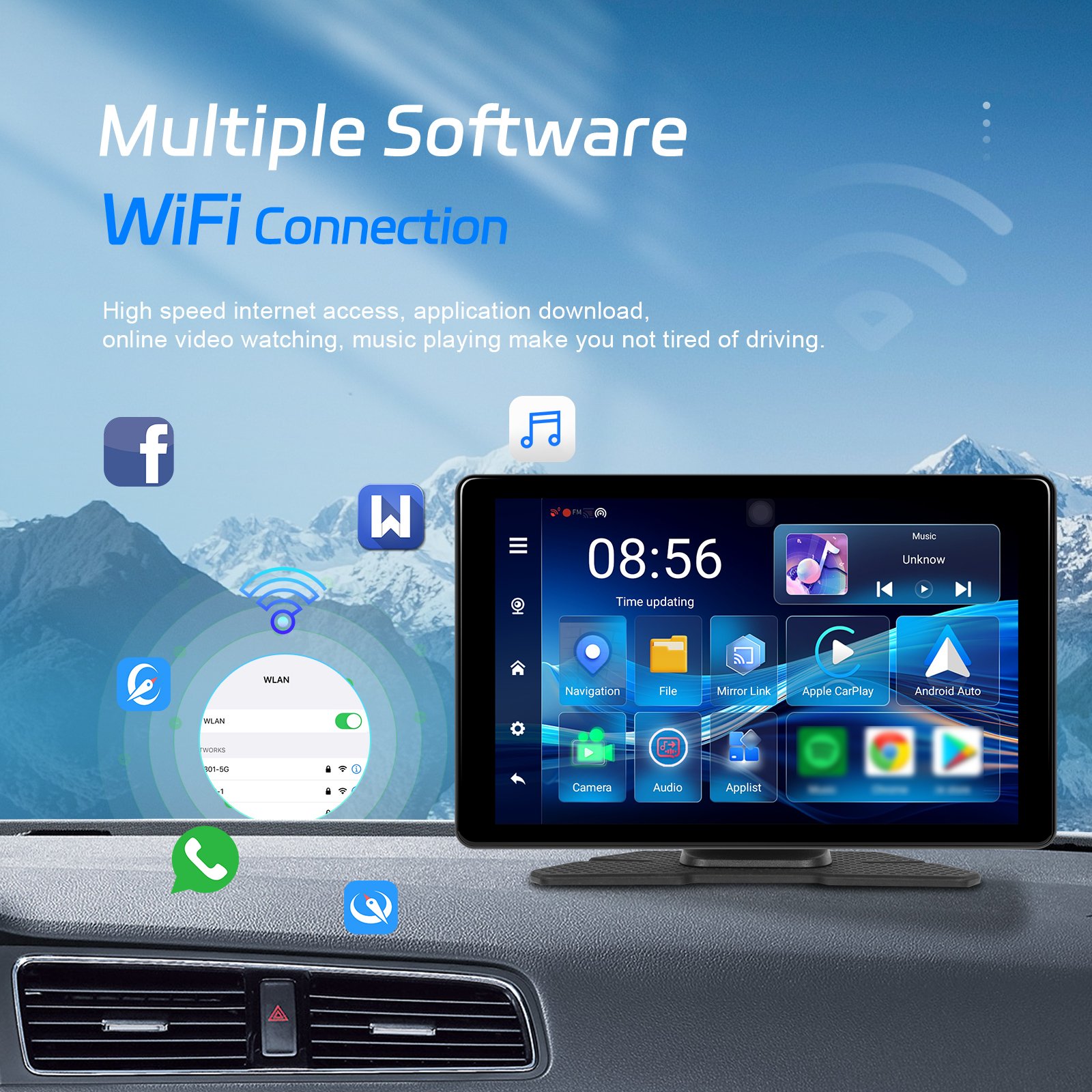 Podofo 8" Android 13 Display Screen Portable Wireless Carplay Android Auto 4+64G GPS WIFI BT FM Radio Support 1080P Camera