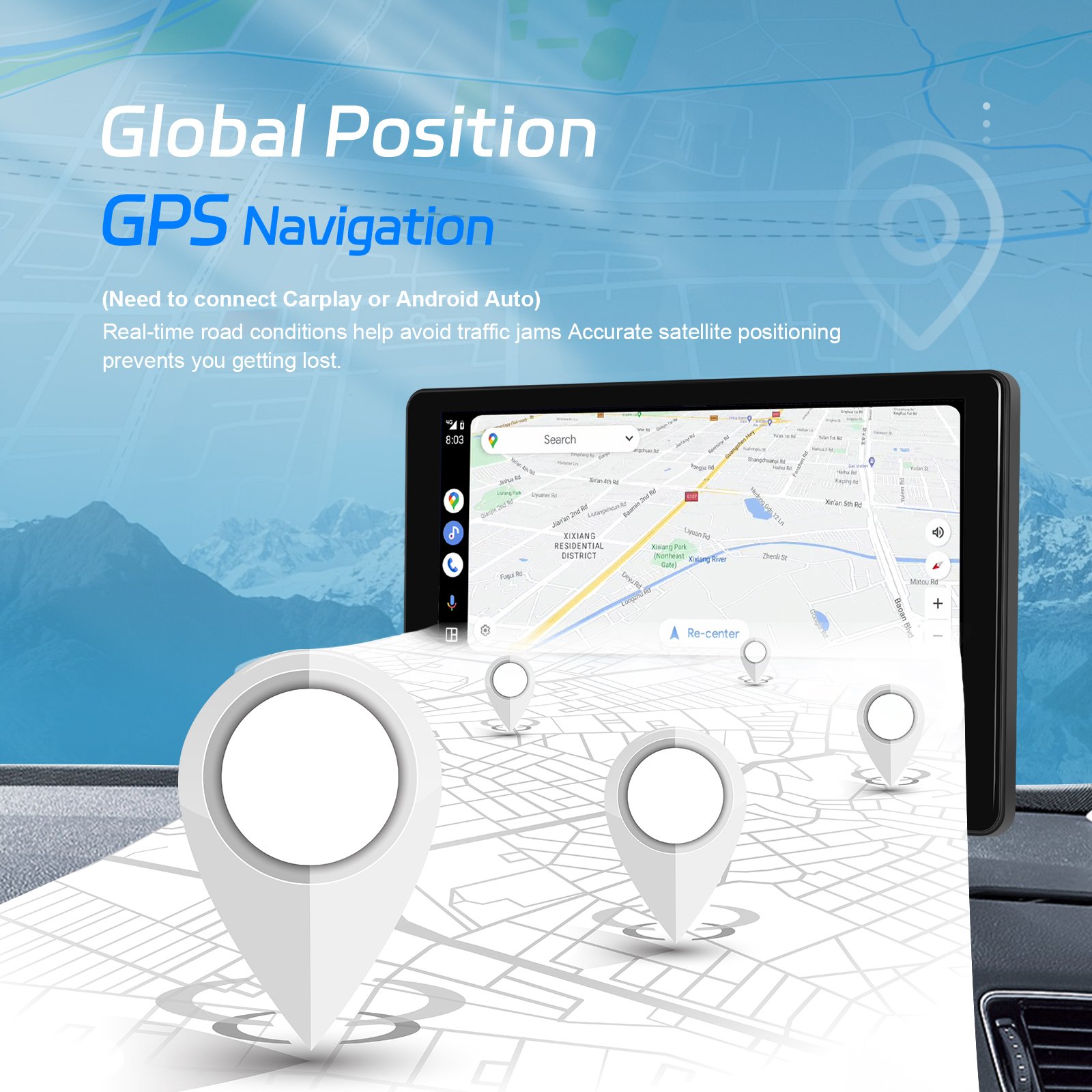 Podofo 8" Android 13 Display Screen Portable Wireless Carplay Android Auto 4+64G GPS WIFI BT FM Radio Support 1080P Camera