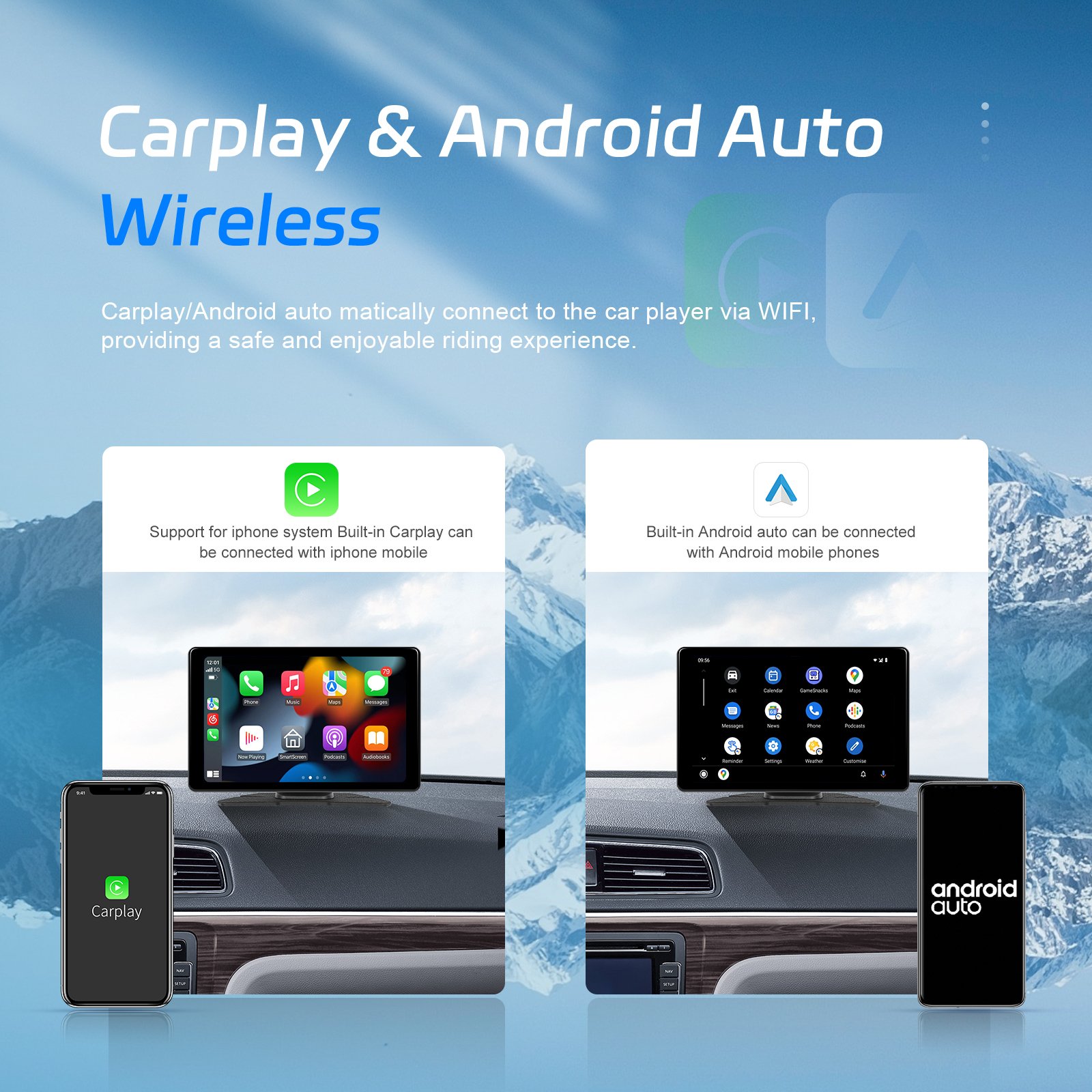 Podofo 8" Android 13 Display Screen Portable Wireless Carplay Android Auto 4+64G GPS WIFI BT FM Radio Support 1080P Camera