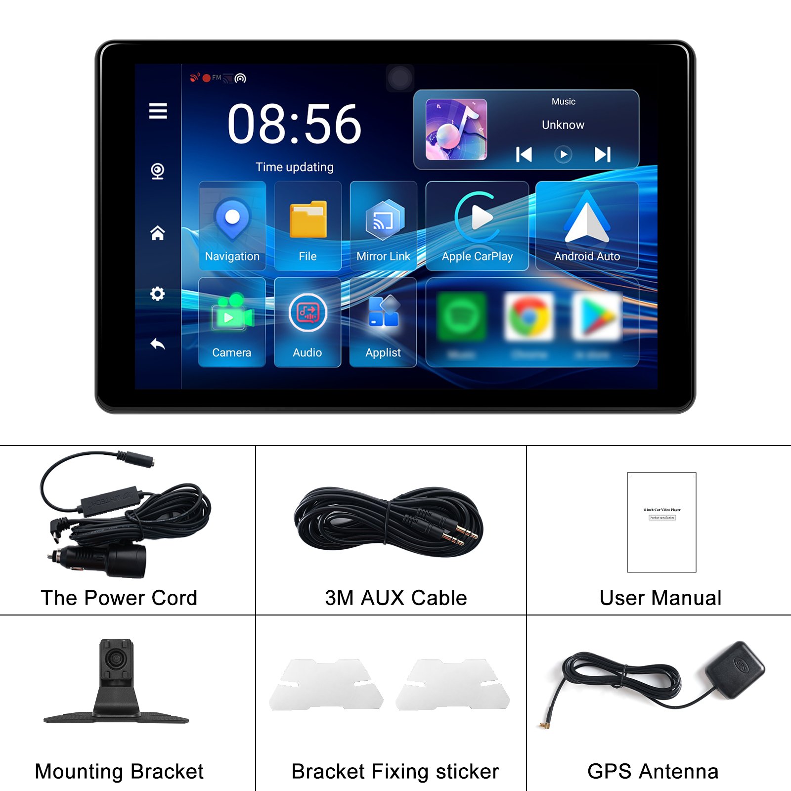 Podofo 8" Android 13 Display Screen Portable Wireless Carplay Android Auto 4+64G GPS WIFI BT FM Radio Support 1080P Camera