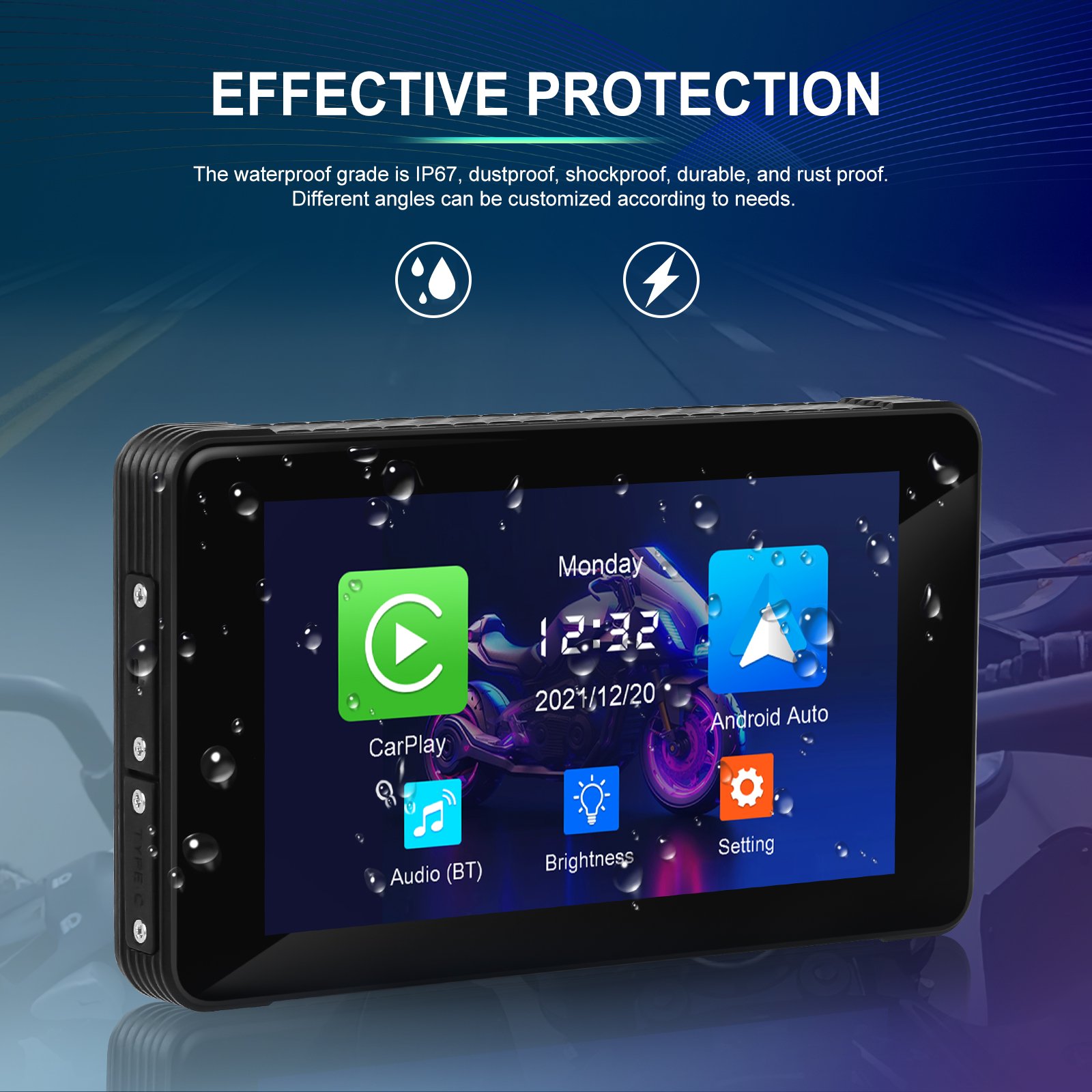 Podofo Portable Carplay Android Auto 5.5 Inch Car Radio Monitor IP65 Waterproof for Motorcycle Support Software Updates