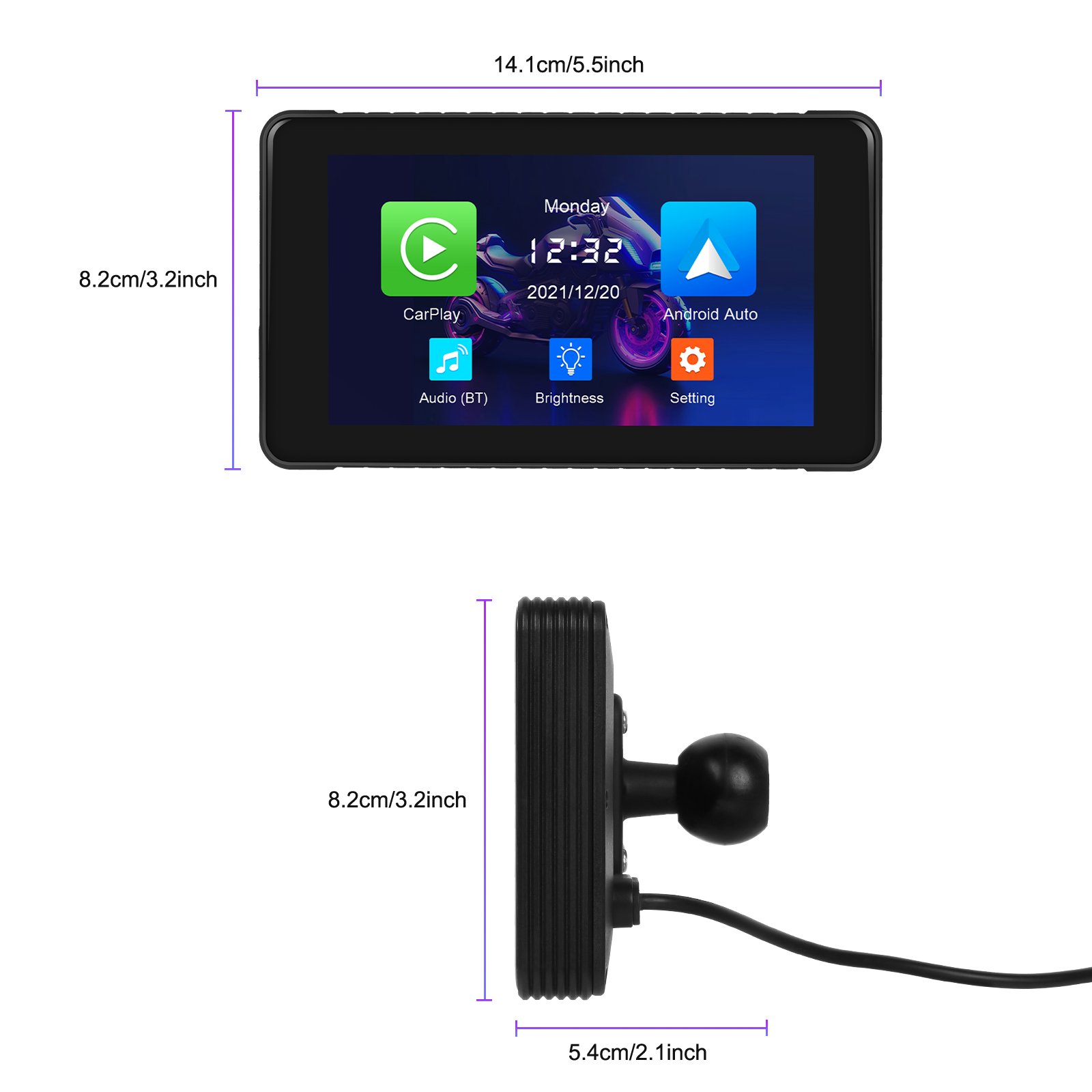 Podofo Portable Carplay Android Auto 5.5 Inch Car Radio Monitor IP65 Waterproof for Motorcycle Support Software Updates
