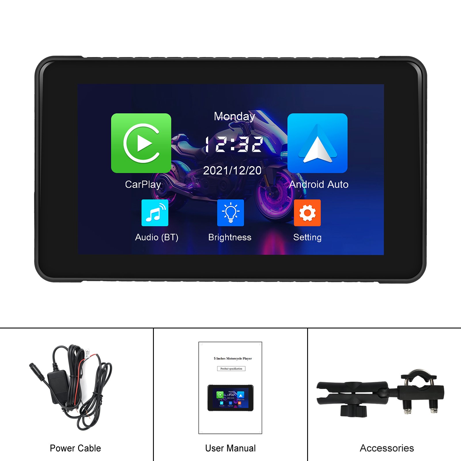 Podofo Portable Carplay Android Auto 5.5 Inch Car Radio Monitor IP65 Waterproof for Motorcycle Support Software Updates