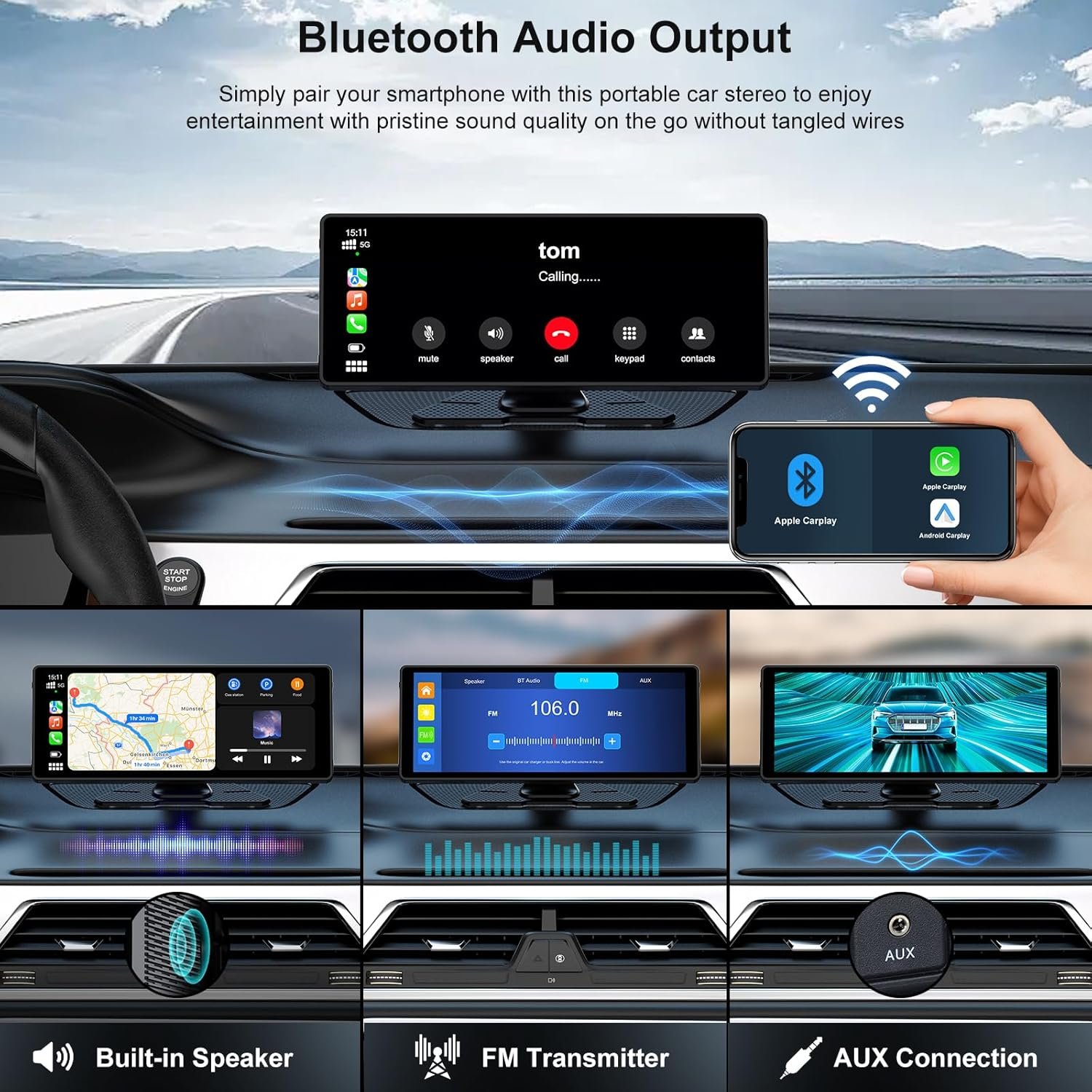 10.26 Inch Wireless Carplay Screen with Reverse Camera Portable Wireless Smart Car Play Touch Screen For Toyota Volkswagen Ford