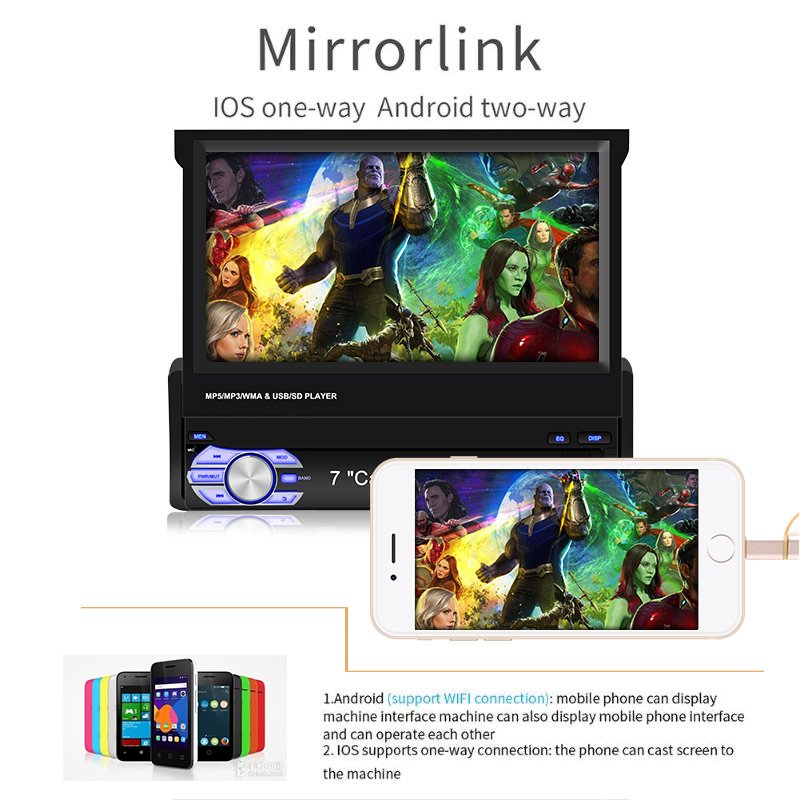 1din Car Radio CarPlay GPS Navigation 7" IPS Retractable Screen 1 Din Android 11 Multimedia Player Universal Audio Video No DVD