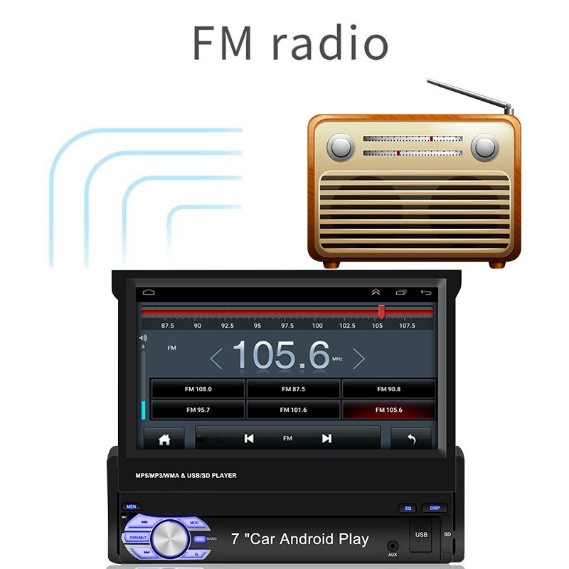 1din Car Radio CarPlay GPS Navigation 7" IPS Retractable Screen 1 Din Android 11 Multimedia Player Universal Audio Video No DVD