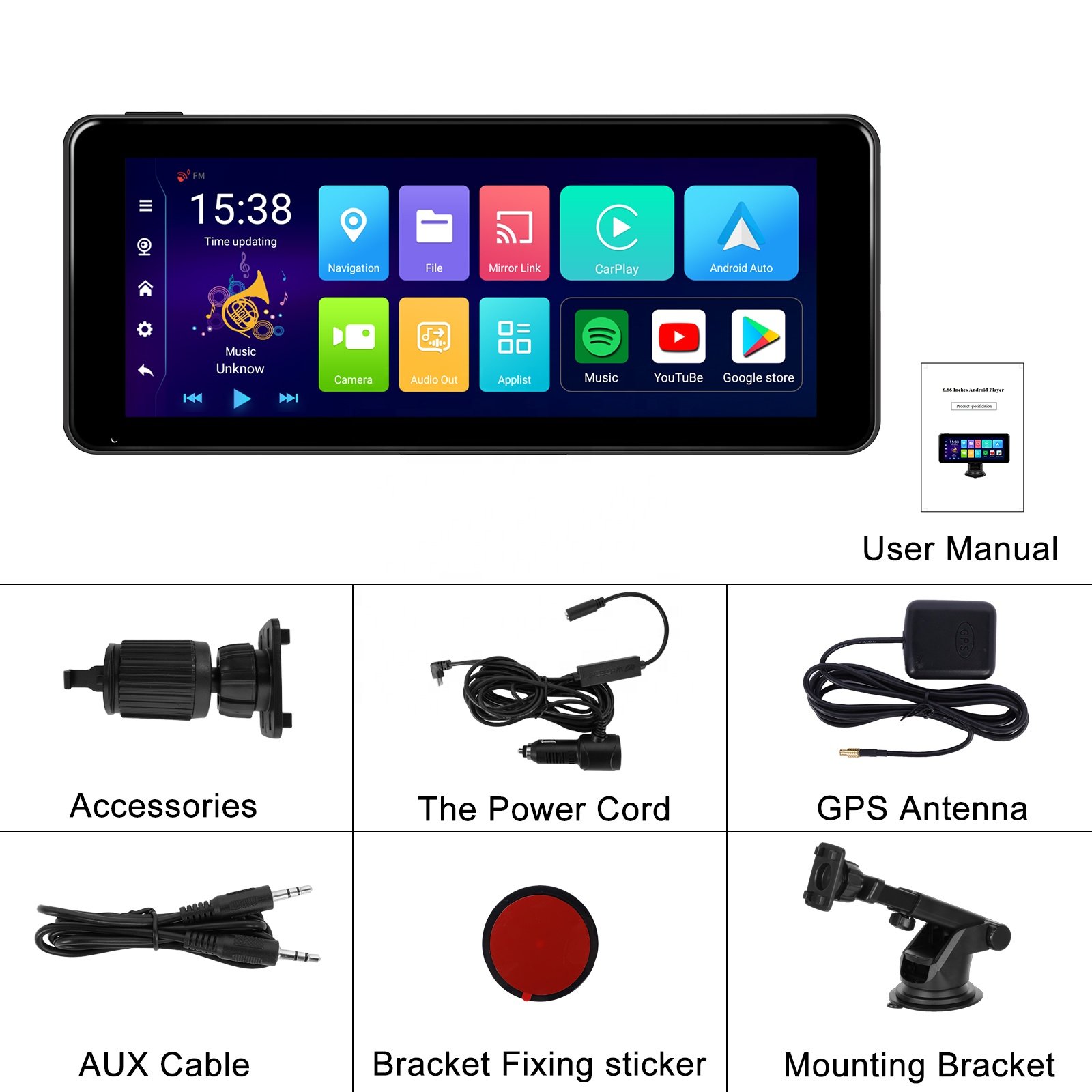 Podofo 6.86 Inch Autoradio Android 13 Car Radio Portable Carplay Android Auto 2+32G GPS WIFI BT FM Airplay Support AHD Camera