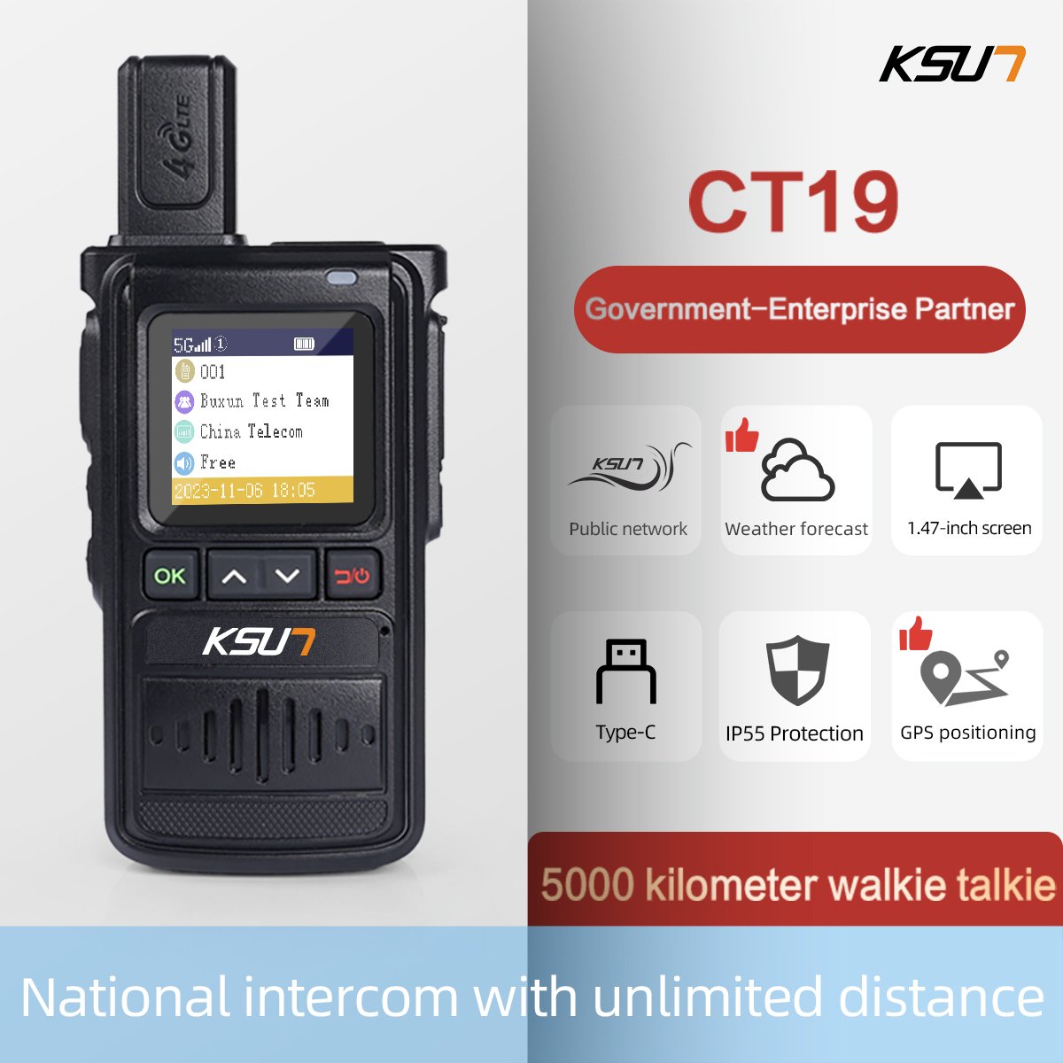 KSUN CT19 POC Global Network Radio 4G Walkie Talkie Type-C IP55 Two Way Radio